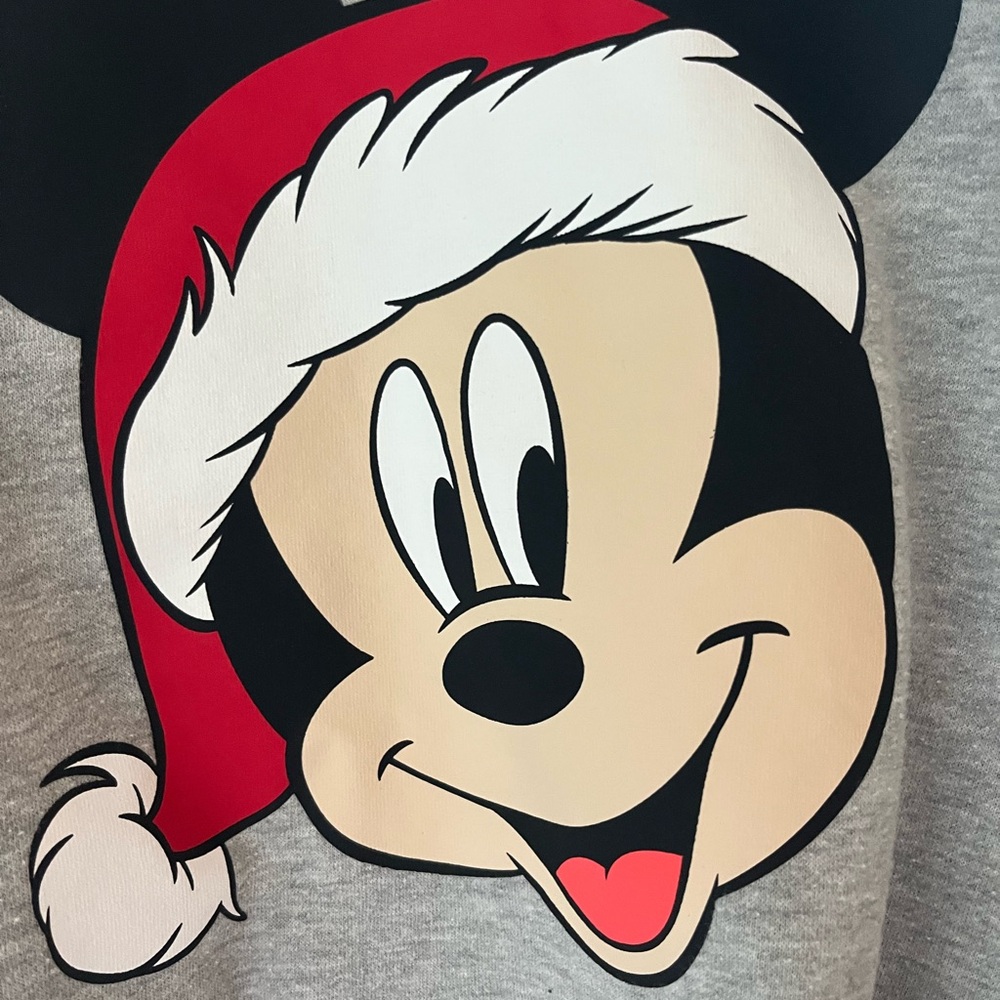 Disney Mickey Mouse Heather Gray cropped Sweatshirt Mickey Santa Hat Sz L - Picture 2 of 9